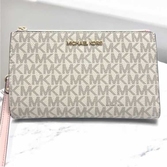 Michael Kors Large Jet Set Travel Double Zip Wallet Powder Blush Multi - Picture 2 of 9